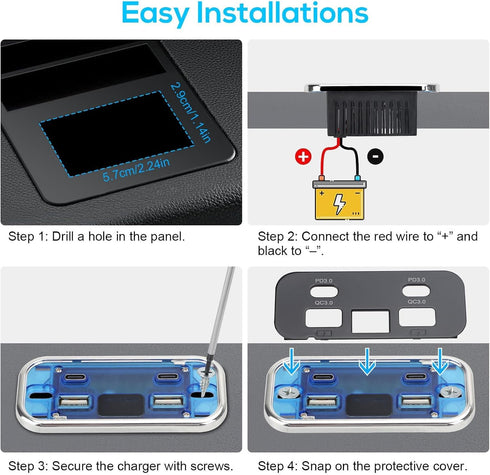 76W 18W 20W PD3.0 12V/24V Linkstyle RV USB Outlet, Dual USB-A & Dual Ports, Power Outlet Panel with Voltmeter for Car