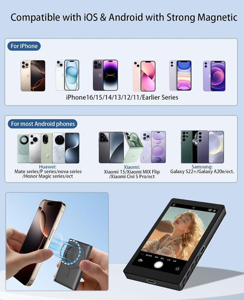 2000mAh 3-Level 4K/30FPS FLATIC Selfie Monitor Screen for iPhone & Android, Back Camera Vlog Selfie Monitor
