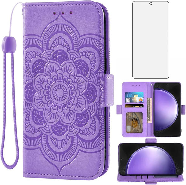 Asuwish Samsung Galaxy S23 FE 5G Wallet Case: Leather Flip, Tempered Glass Protector, Card Holder, Lanyard - Purple.
