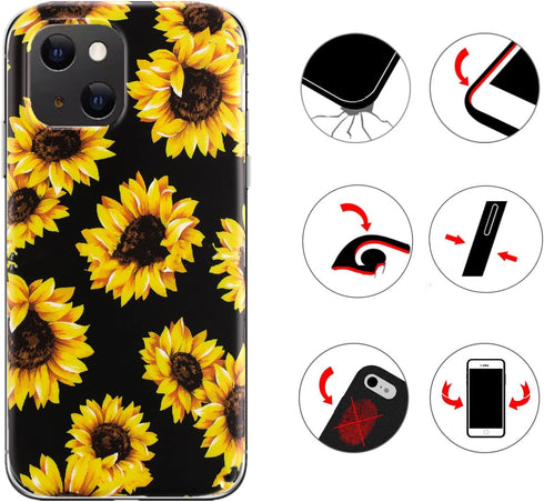 Case for iPhone 13 Mini, Sunflower Floral Pattern, Shockproof Soft Silicone Slim Cute Yellow Flower Case