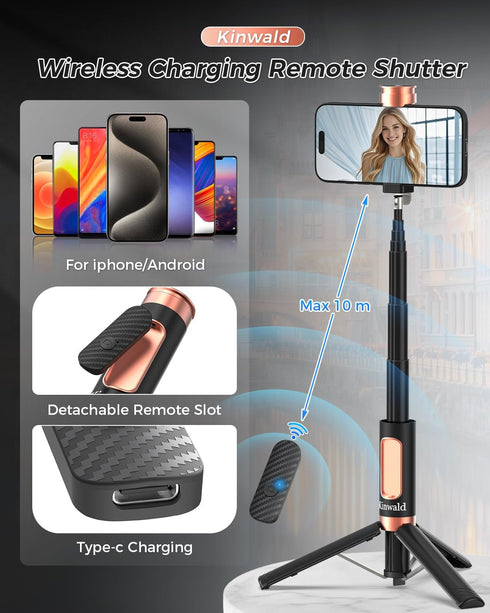 Kinwald Selfie Stick Tripod for iPhone & Android Portable Phone Tripod Stand with Bluetooth Remote, One-Click Open