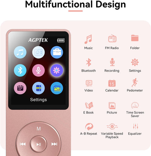 AGPTEK A02 MP3 5.3, 1.8 inch 128GB(Rose 32GB) Player with Bluetooth Screen Portable Music Player with Speaker, FM