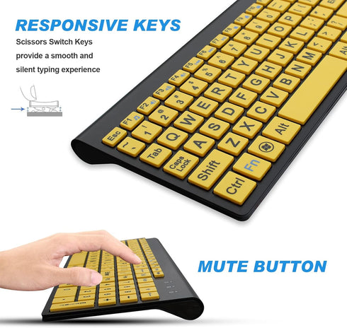 HXMJ-Wireless Large Print Keyboard and Mouse Set with USB Receiver - Quiet Scissor Switch for Seniors & Visually
