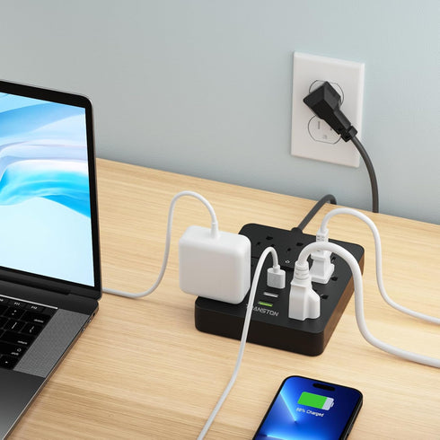 Power Strip Surge Protector with 9 Outlets, 3 USB Ports, Fireproof Desktop Charging Station, 5 ft Long Extension Cords,