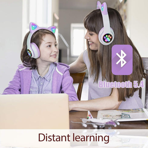 TCJJ Kids Wireless Headphones, Cat Ear LED Light Up, Bluetooth 5.4, Noise Cancelling for Girls Boys Toddlers