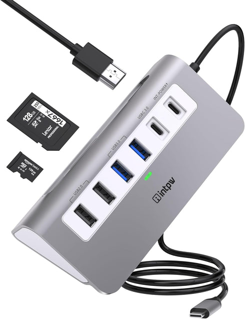USB C Hub, INTPW 9-in-1 Multiport Adapter with 3.28FT Cable, 4K HDMI, PD 100W, USB-C, USB A 3.0, SD/TF