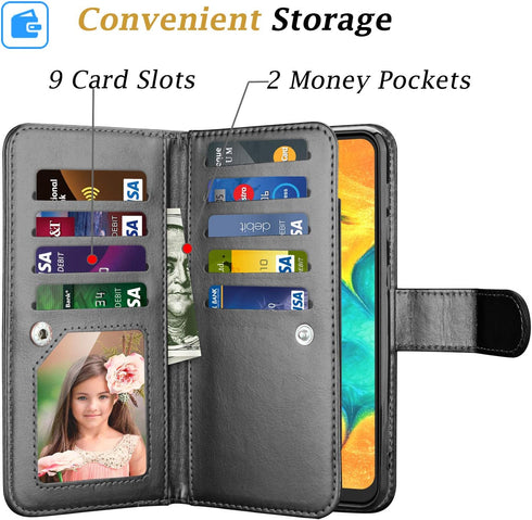 Takfox Wallet Case for Samsung Galaxy A50, PU Leather with 9 Card Slots, Folio Flip Magnetic Detachable Case (Black)