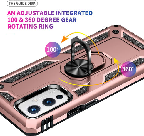 Military Grade Shockproof Case for Oneplus 9 5G, Armor Heavy Duty with 360 Metal Rotating Ring Kickstand (Rose Gold)