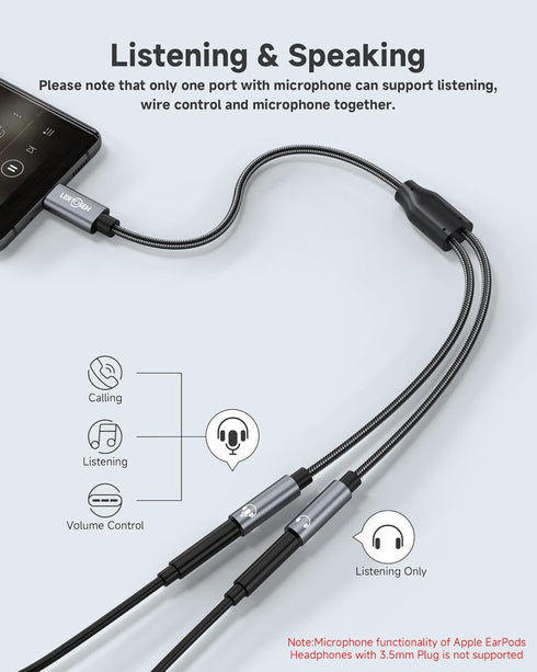 USB C Microphone Adapter, LERTOSEN USB C to Dual 3.5mm Female Aux Headphone Jack Y Splitter for iPhone 15