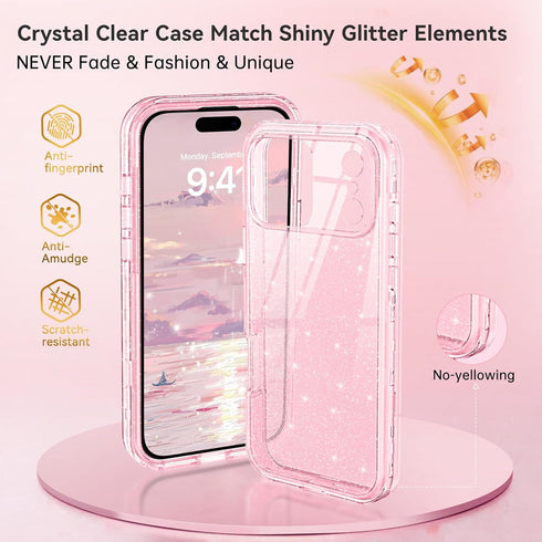 DUEDUE 17 17 6.3", for iPhone Pro Case, Glitter Anti-Yellowing Shockproof Protective Transparent Cover Bling Sparkle
