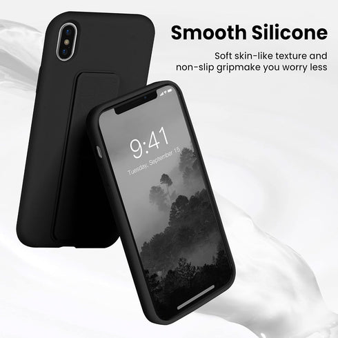 LAUDTEC Silicone Kickstand Case for iPhone X/XS - Flexible Soft Liquid Silicone Cover with Hand Strap and Metal Stand
