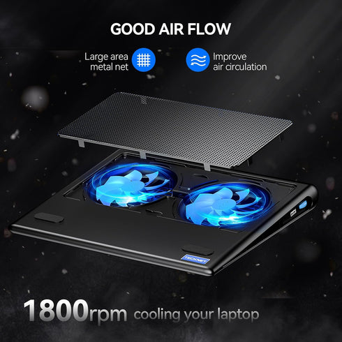 TECKNET Laptop Cooling Pad for 12"-15.6" Laptops, Adjustable Gaming Laptop Cooling Stand with 2 USB Powered Fans for