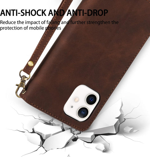 ZZXX for iPhone 12 Mini Wallet Case - Premium Soft PU Leather Zipper Flip Folio with Wrist Strap