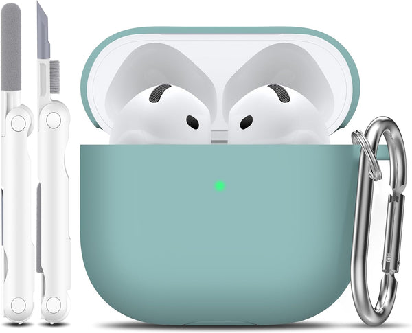 R-fun Case Cover for AirPods 4th with Cleaner Kit, Soft Skin Silicone with Keychain, Full Protective Case for Apple