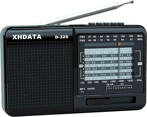 D-328 Portable Multi Band Radio Stereo MP3 Player with Rechargeable Battery, Earphone Jack, USB, Micro SD (Black)