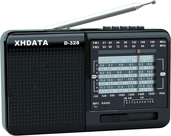D-328 Portable Multi Band Radio Stereo MP3 Player with Rechargeable Battery, Earphone Jack, USB, Micro SD (Black)