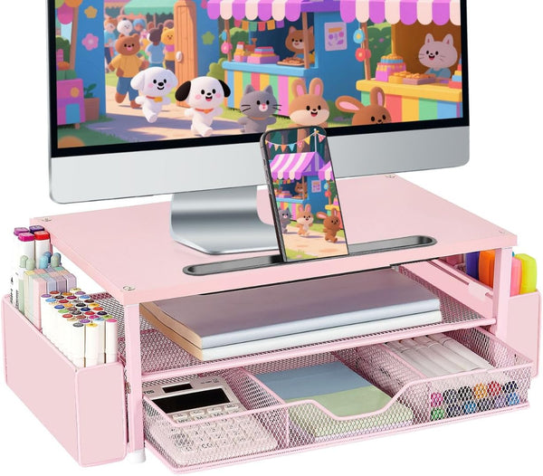 AUPSEN Pink Desk Organizers and Accessories, 2-Tier Wood Computer Monitor Stand with