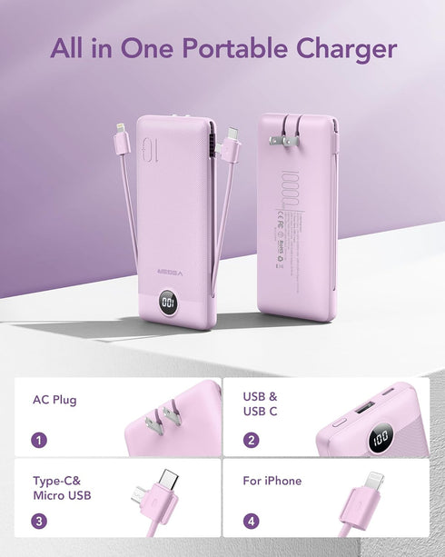 VEGER Portable Charger 10000mAh for iPhone, Built-in Cables and Wall Plug, Slim Fast Charging Power Bank - Purple