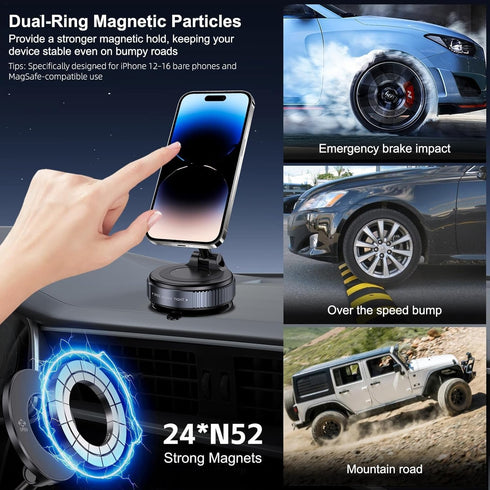 PoseStar London 360 Vacuum Magnetic Car Phone Holder - Foldable Phone Mount with Alloy Support, Strong Suction
