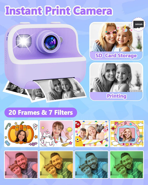 Instant Print Camera for Kids, Christmas Birthday Gifts, Dual Camera 1080P Digital Toys for Ages 4-10 with 32GB Card