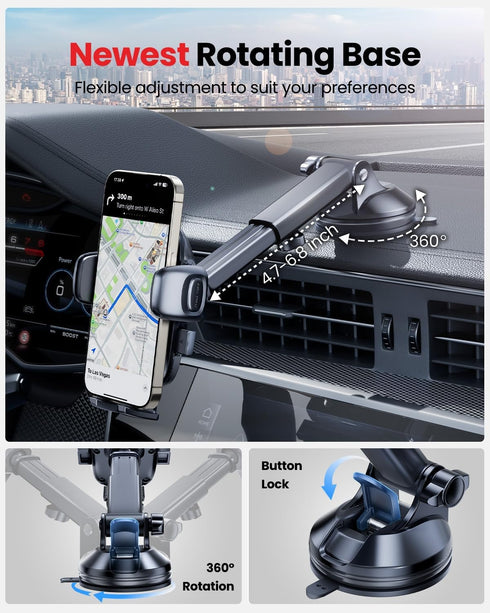 Phone Holder for Car with New Rotating Base, Universal Cell Phone Mount for Dashboard, Windshield, Long Arm