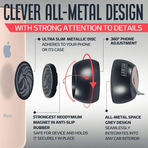 Universal Car Phone Mount Magnetic, All-Metal iPhone Holder for Any Smartphone or GPS, One-Handed Cell Phone