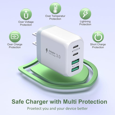 USB C Fast Charger for iPhone 15/15 Pro Max, 2 Pack 40W 4-Port USB C Charger Block Power Adapter with 6ft USB C Cable