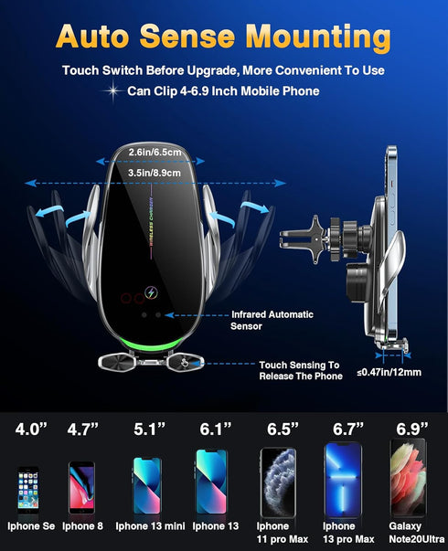 Memofo Wireless Car Charger Mount, 15W Fast Auto-Clamping Phone Holder for iPhone 14 13 12 11 Pro Max, Samsung