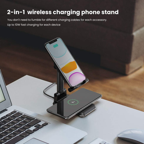 2 in 1 Wireless Charger, Dual Wireless Charging Desk Phone Stand, 10W Qi Fast-Charging Foldable Tablet Stand for iPhone