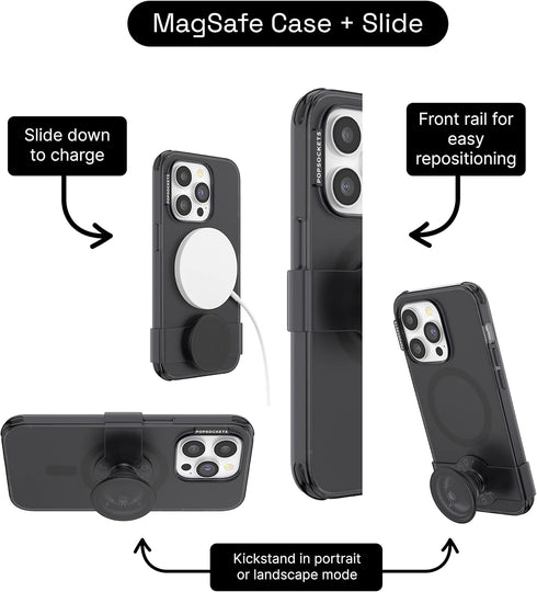 PopSockets iPhone 14 Pro Case with Phone Grip and Slide, Black Translucent Phone Case Compatible with MagSafe, Wireless