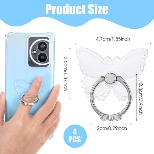 WJIAAA 4Pcs 3 360 Transparent Butterfly Phone Ring Holder Grip, Clear Cell Phone Ring Holder Stand with Diamonds