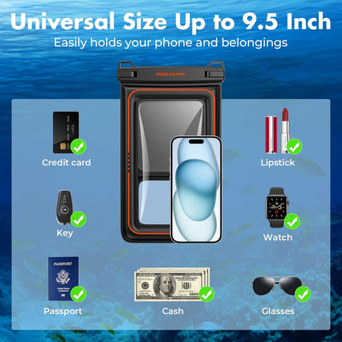 UNBREAKcable Large Waterproof Phone Pouch Floating, IPX8 Waterproof, Up to 9.5", 2 Pack for iPhone and Samsung
