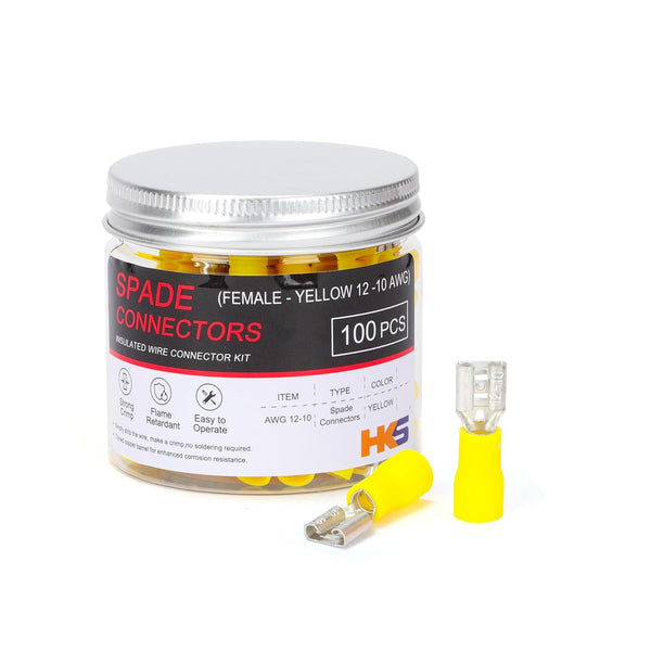 HKS 100PCS Yellow Female Vinyl Insulated Spade Connector, 12-10 AWG, Electrical Quick Disconnect Wire Connectors Kit