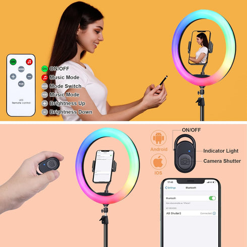 12" Selfie Ring Light with 63" Tripod Stand - 3 Phone Holder, LED Camera Ringlight with RGB Colors Modes for