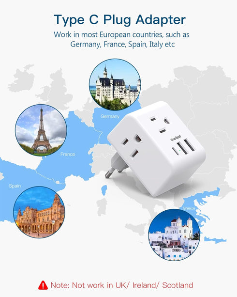 2 Pack European Travel Plug Adapter, One Beat International Power Adapter with 3 Outlets, 3 USB Ports for Europe Travel