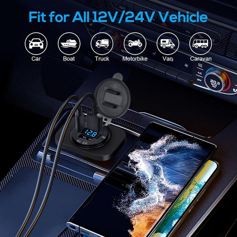 Linkstyle 12V USB Outlet Charger Socket Panel, Dual 18W QC3.0 USB-A & Dual 30W PD USB-C Port, LED Voltmeter for Car