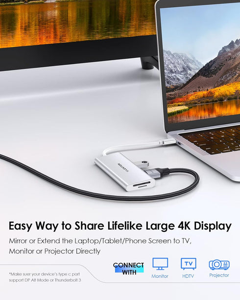 LENTION USB C Hub with 4K HDMI, 3 USB 3.0, SD/Micro SD Card Reader, Compatible with 2023-2016 MacBook Pro, Air,
