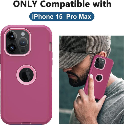 for iPhone 15 Pro Max Case, with Built in Screen Protector Heavy Duty Drop Protection, Full Body Rugged Shockproof Dust Proof Protective Phone Cover for Apple iPhone 15 Pro Max 6.7” (Wine/Pink)