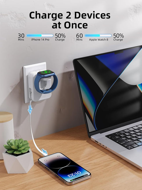 Apple Watch Charger Block, 2 in 1 Wall Charger with Retractable Cable, Travel Foldable Plug Power Adapter