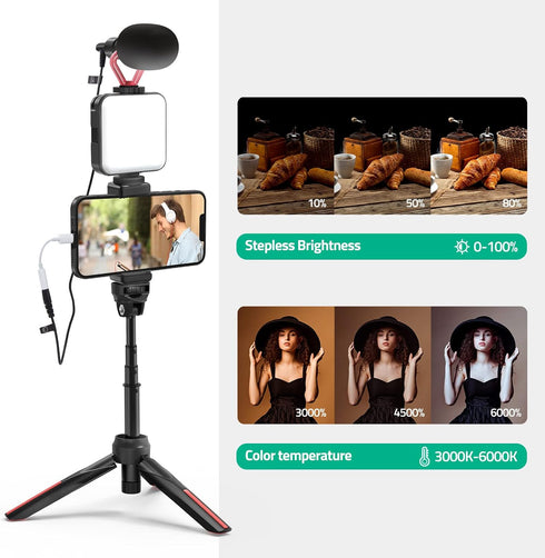 Smartphone Video Vlogging Kit with LED Light, Phone Holder, Microphone, Tripod, Carry Bag for iPhone/Android