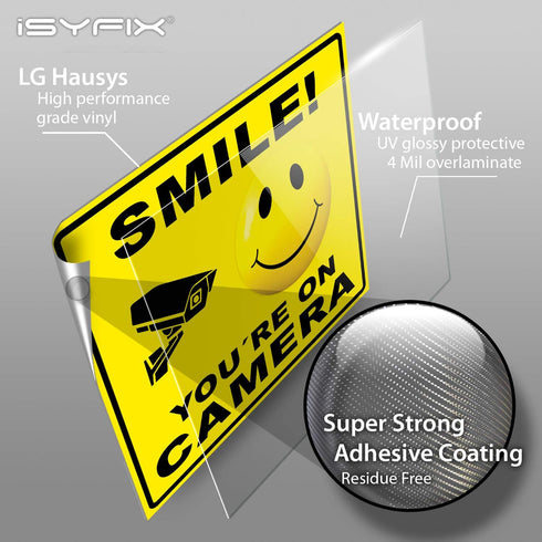 iSYFIX Smile You're on Camera Stickers for Business, 4 Pack 7x6 Inch, Self-Adhesive Vinyl Decal