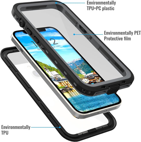 Waterproof iPhone 13 Case - Full Protection Shockproof Dustproof with Built-in Screen Protector and Lanyard (Black)