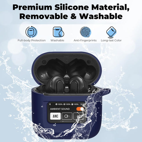 Case Cover for JBL Tour Pro 2, Dark Blue Silicone Protective Shockproof Earbuds Case with Keychain, 2023 Compatible