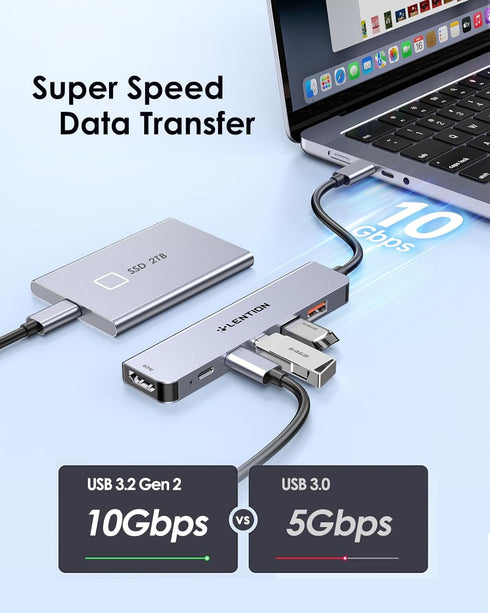 LENTION USB C Hub with 4K@60Hz HDMI, 2 USB C and 2 USB 3.2 Gen2, 10Gbps Max Data Transfer, 100W Charging for MacBook Pro