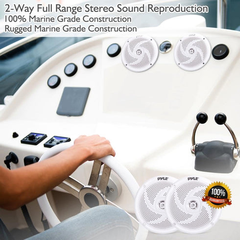 Pyle Marine Speakers - 4 Inch 2 Way Waterproof Outdoor Audio Stereo Sound System, 100 Watt Power, 1 Pair, White