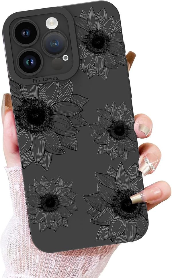 OOK Floral Case for iPhone 15 Pro Max, Cute Sunflower Design, Soft TPU Shockproof Cover for Women - Black Flower