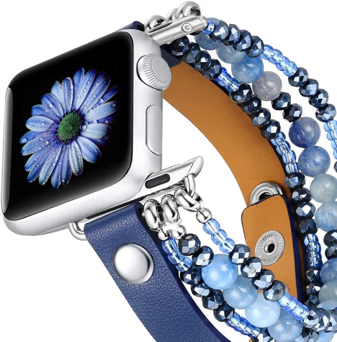 fastgo Leather Bracelet Band Compatible with Apple Watch 38mm 40mm 41mm, Dressy Elastic Beaded Jewelry Strap (Blue)