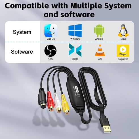 Herfair Hi8 VHS to Digital Converter, USB Video Capture Card Device, RCA to USB A Converter, Convert VHS VCR DV Tape