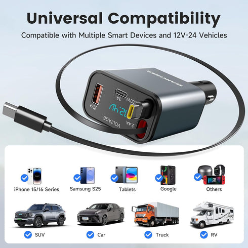 SEANCHEER 69W 2 5.3 MP3 Car Bluetooth Adapter & Car Charger USB C, Cigarette Lighter Adapter with Retractable Cables