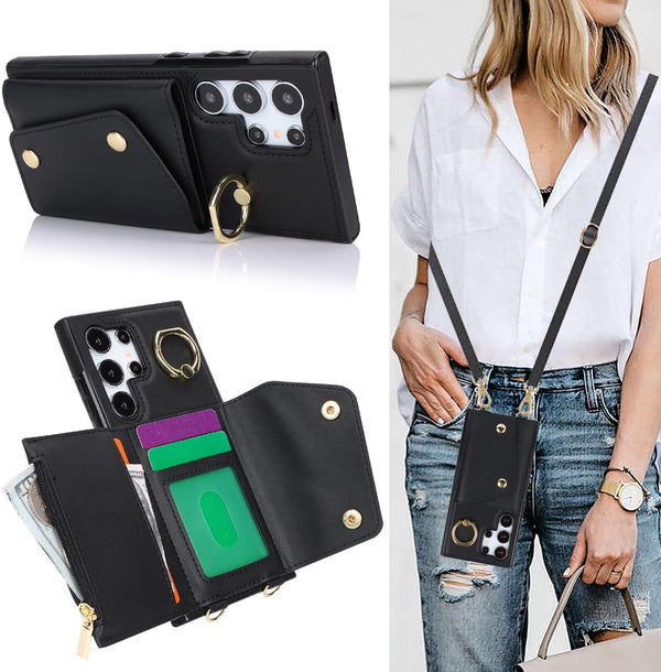 for Samsung Galaxy S24 Ultra Phone Case for Women, Crossbody Wallet Case with Credit Card Holder, Shockproof Black